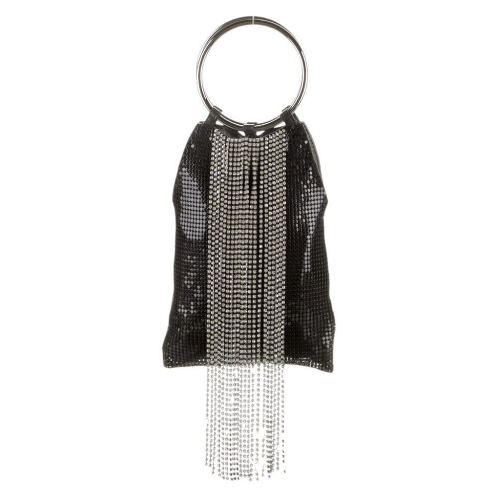 New Whiting & Davis Black Cascade Crystal Fringe Mesh Bracelet Bag w/tags
